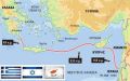 Χάρτης που δείχνει κατά προσέγγισιν την πορεία του υποθαλάσσιου καλωδίου μεταφοράς ηλεκτρικής ενέργειας από το Ισραήλ και την Κύπρο στην Ευρώπη.